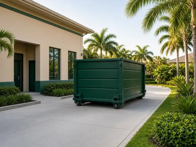 Commercial dumpster positioned beside a Haines City business property