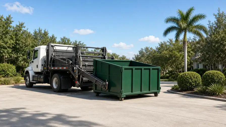 Roll-off dumpster delivery truck positioning a container in Haines City