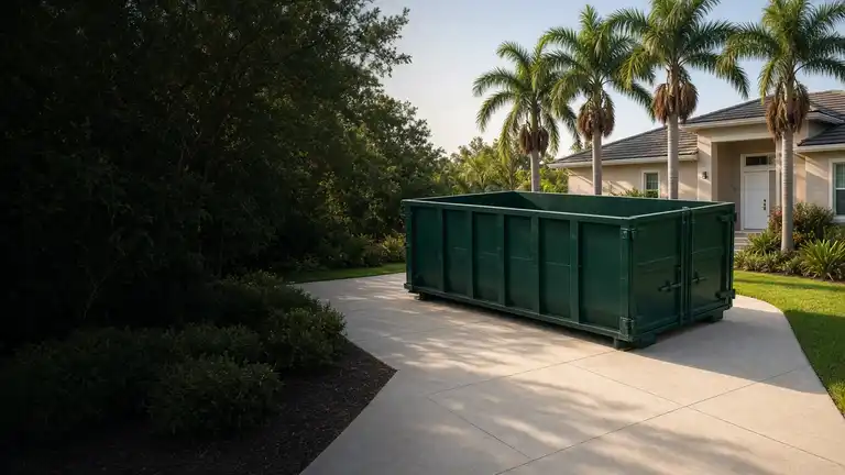 Green roll-off dumpster placed on a driveway in Haines City, Florida