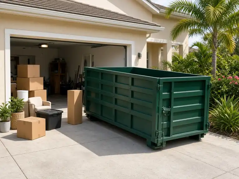Residential roll-off dumpster beside a Haines City home during a cleanout